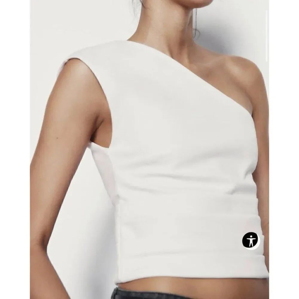 Zara Womens Crop Top Shirt S White One Shoulder Sleeveless Pleated 4424/803 NWT